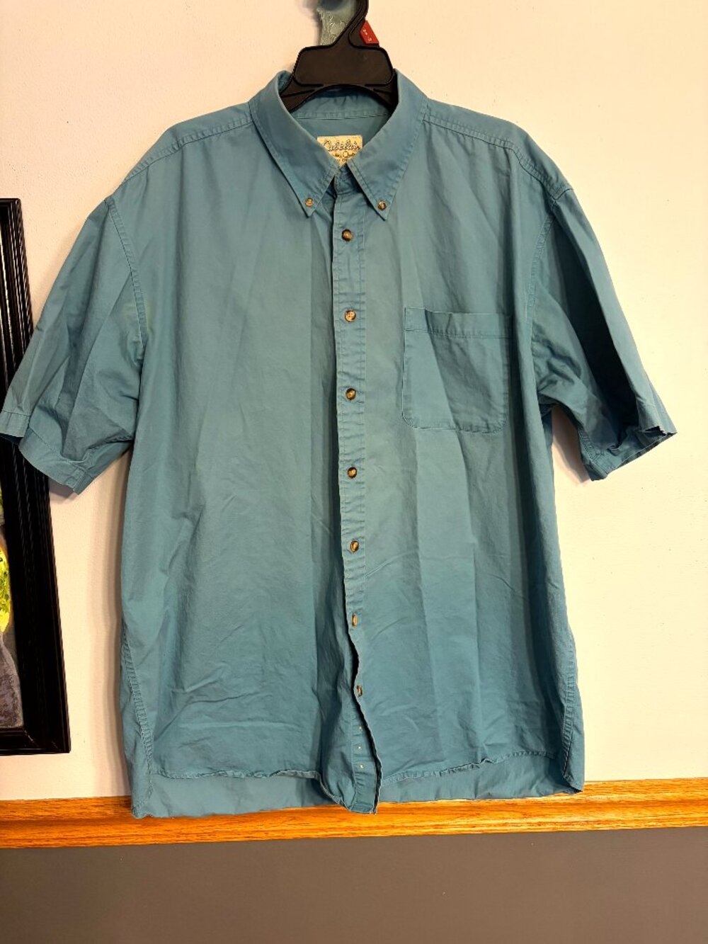 Cabelas Men XL Tall Blue Green Cotton Safari Short Sleeve Button Down Shirt Fish